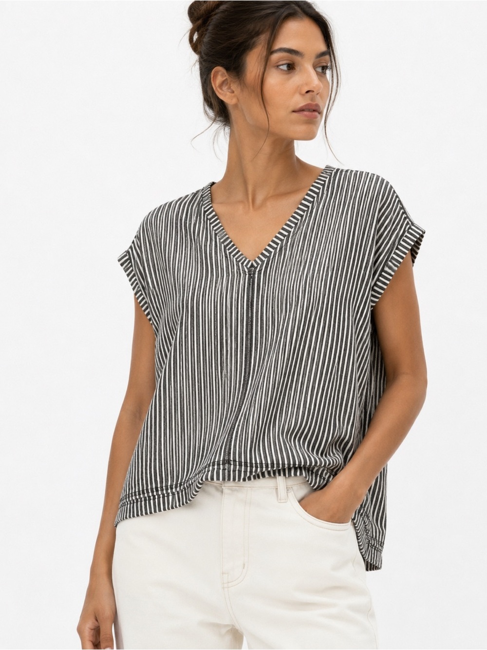 Westbound NEW Striped Linen Blend Boho Oversized Cap Sleeve Loose Tunic Top OS